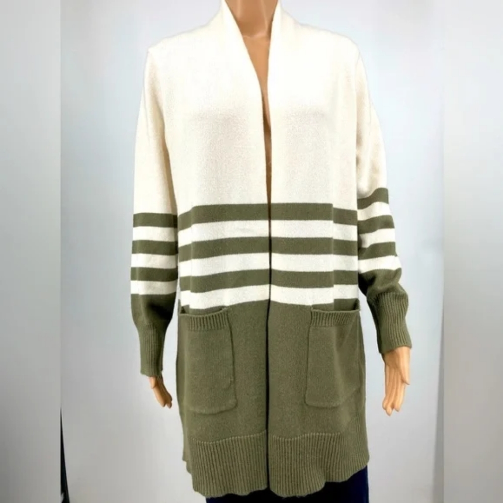 Brand New Michael Kors Green and White Striped Duster Length Cardigan Sweater XS